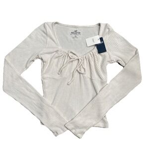 Hollister White Long Sleeve Bow Tie Top XS NWT Cute Y2K Style Blouse